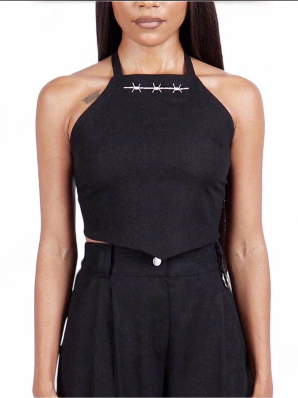 Black Halter Crop Top with Decorative Barbed Wire Accent